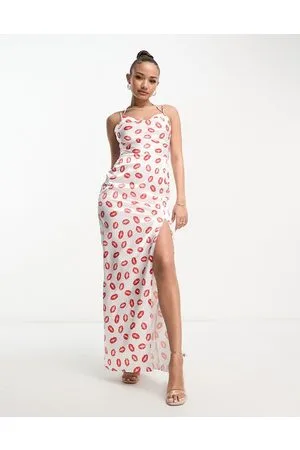 Flounce London Vestito lungo e sinuoso con spalline sottili e stampa con labbra