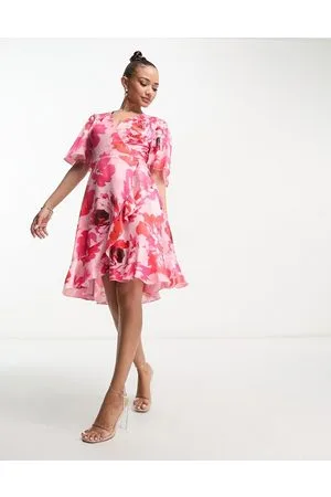 Flounce London Vestito a portafoglio corto con maniche con volant con stampa di rose