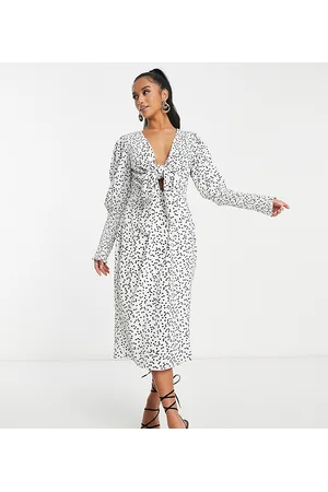 Collective The Label Esclusiva - Vestito midi con scollo profondo e allacciatura sul davanti color crema con stampa a cuori