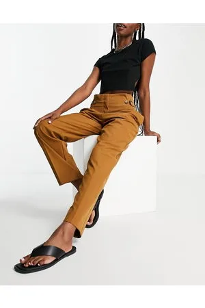 SELECTED Femme - Pantaloni sartoriali a vita alta con bottoni laterali marroni - BROWN