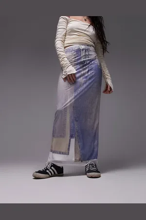 Topshop Gonna midi in rete con stampa stile denim