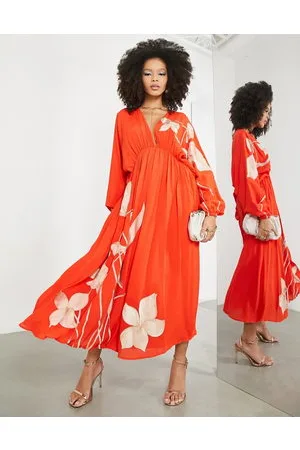 ASOS Vestito midi raccolto in vita pomodoro con strascico e ricamo di tulipano