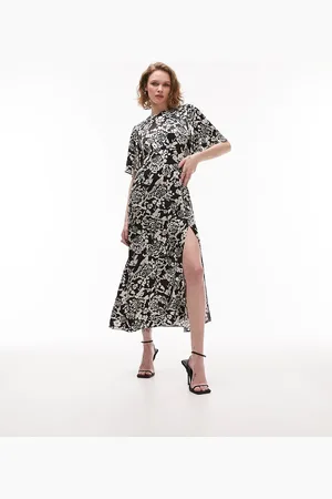 Topshop Austin - Vestito midi da cerimonia con maniche a pipistrello e stampa monocromatica