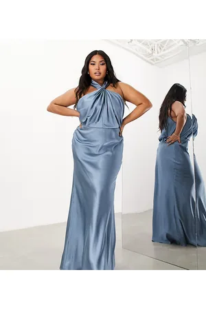 ASOS Curve - Vestito lungo allacciato al collo in raso con arricciatura crepuscolare