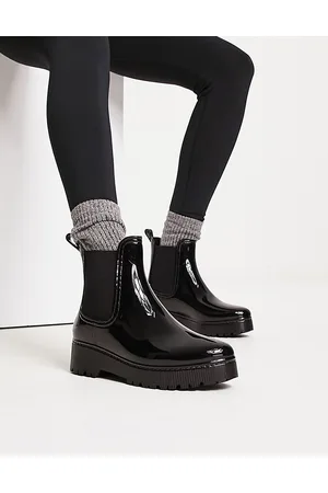 Glamorous Donna Stivali di gomma - Stivali da pioggia alla caviglia in vernice nera con suola spessa