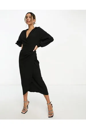 ASOS Vestito midi a portafoglio con colletto nero testurizzato