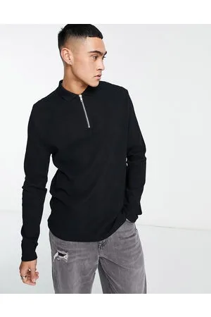 ASOS Polo a maniche lunghe nera con zip e lavorazione a nido d