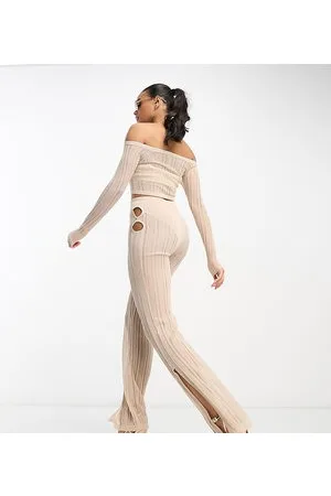 AsYou Pantaloni in maglia velata a righe color sabbia