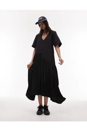 Topshop Vestito midi in popeline e raso con zip sul davanti, colore nero
