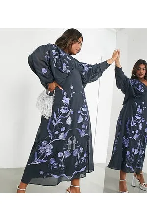 ASOS Curve - Vestito midi in chiffon blu petrolio con ricamo floreale e maniche ad ali di pipistrello