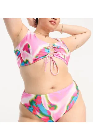 ASOS Curve - Slip bikini a vita alta sgambati rosa con stampa astratta a macchie