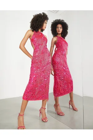 ASOS Vestito midi allacciato al collo acceso con perle e frange