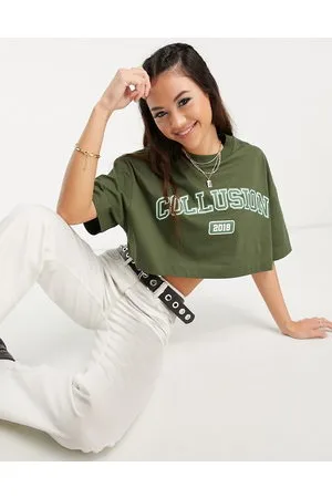 COLLUSION T-shirt squadrata corta kaki stile college