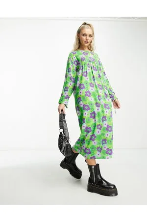 Native Youth Vestito grembiule verde e viola a fiori con gonna al polpaccio e cut-out a forma di nuvola