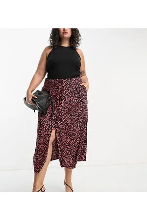 ASOS ASOS DESIGN Curve - Gonna midi arancione con stampa astratta, bottoni e spacco