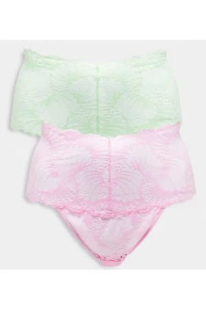 ASOS ASOS DESIGN Curve - Confezione da 2 perizomi con fascia ampia in pizzo rosa bubble gum e verde pistacchio