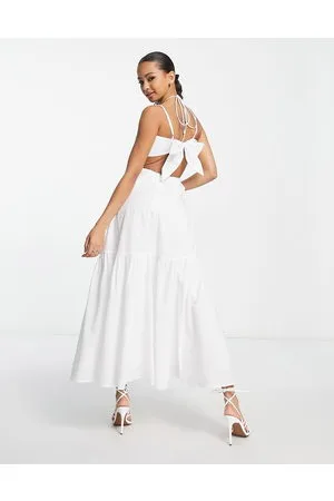 Bardot Vestito svolazzante color avorio con gonna al polpaccio e cut-out
