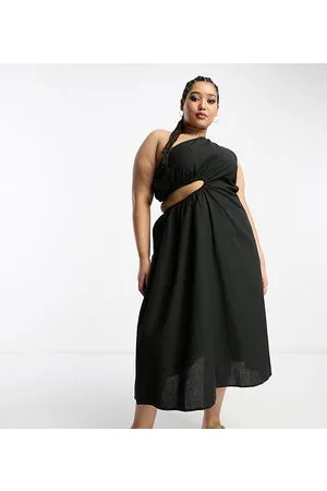 Native Youth Vestito in lino nero con gonna al polpaccio e fascetta asimmetrica