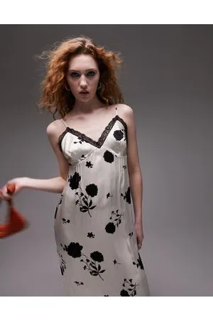 Topshop Vestito midi sottoveste a fiori bianco e nero con dettagli in pizzo