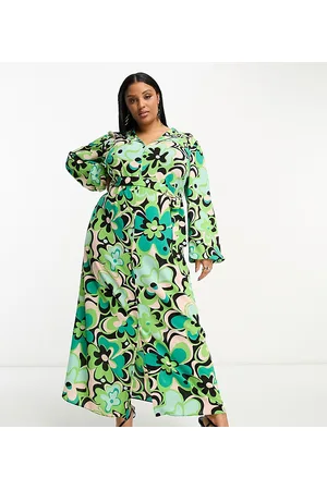 ASOS ASOS DESIGN Curve - Vestito camicia lungo allacciato sul davanti verde con stampa a fiori rétro grandi