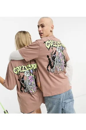 COLLUSION Unisex - T-shirt in piqué marrone con stampa di scheletro