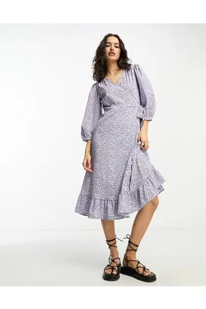 ONLY Vestito midi avvolgente con maniche a sbuffo lilla e a fiori