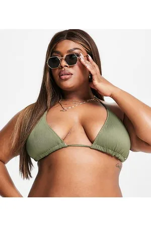 We Are We Wear Plus - Melissa - Top bikini a triangolo double-face a coste verde oliva e crema