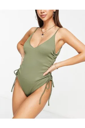 We Are We Wear Nicola - Costume da bagno a coste verde oliva e color crema
