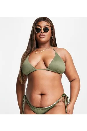 We Are We Wear Plus - Melissa - Slip bikini a coste double-face con laccetti laterali verde oliva e crema a coste