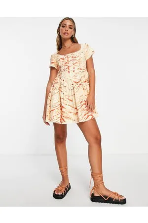 ASOS Vestito corto a corsetto con scollo squadrato, bordi grezzi e stampa astratta scolorita