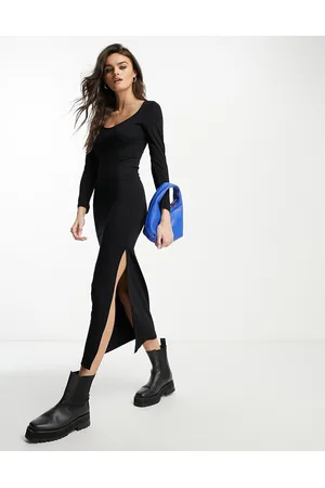 French Connection Vestito midi in jersey nero con spacco laterale