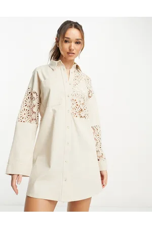 ASOS Donna Vestiti sexy - Vestito camicia corto color crema vintage in twill all'uncinetto