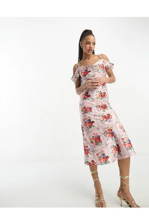 HOPE & IVY Vestito midi in raso con stampa fantasia a fiori rossi e spalle scoperte