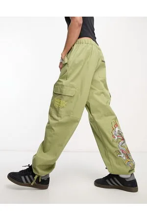 ED HARDY Pantaloni cargo stile militare comodi kaki con ricamo di drago