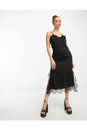 Lola May Vestito midi nero con spalline sottili e finiture in pizzo