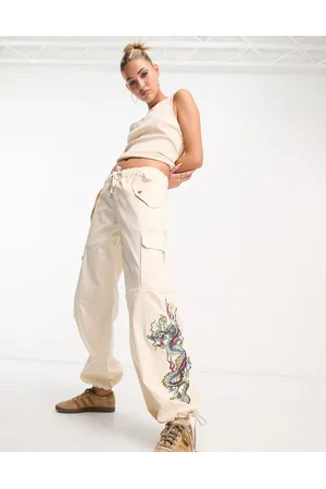 ED HARDY Donna Pantaloni a vita bassa - Pantaloni cargo a vita bassa con draghi con ricamo di drago