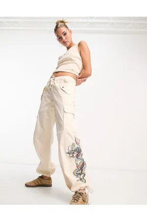 ED HARDY Pantaloni cargo a vita bassa con draghi con ricamo di drago