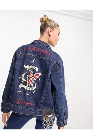 ED HARDY Giacca di jeans aderente con stampa "Love is a mystery"