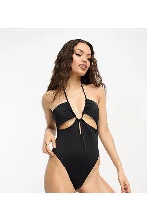 ASOS ASOS DESIGN Petite - Costume da bagno nero con cut-out e pieghe arricciate