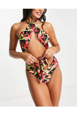 Public Desire Costume da bagno con stampa di palme e fiori allacciato al collo e in vita