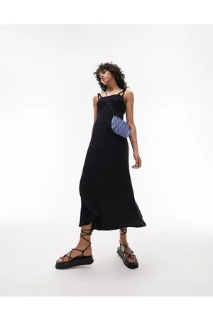 Topshop Vestito midi stile salopette nero arricciato