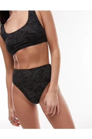 Topshop Slip bikini a vita alta neri a foglie glitterati