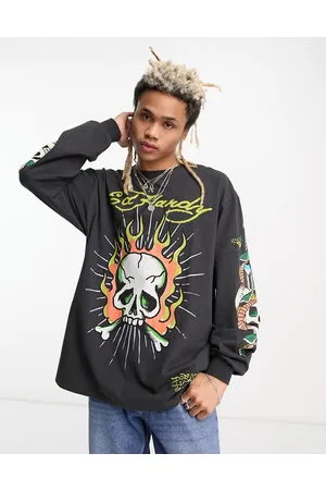 ED HARDY Maglietta a maniche lunghe nera vintage con stampa di teschio