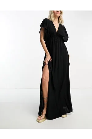 ASOS Coppe Grandi - Vestito da mare lungo nero con maniche con volant e coulisse allacciata in vita