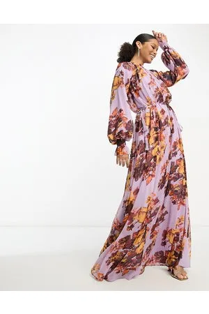 ASOS Vestito lungo a trapezio con scollo elasticizzato, allacciatura in vita, polsini arricciati e stampa floreale vivace