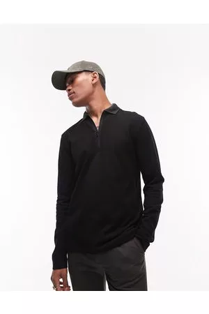 Topman Polo a maniche lunghe nera con zip e nastro a contrasto