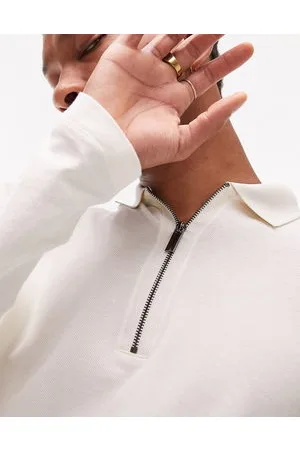 Topman Polo a maniche lunghe écru con zip con fettuccia a contrasto