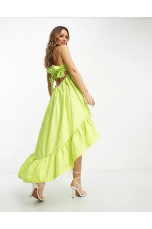 ASOS Vestito midi a fascia arricciato con fondo asimmetrico in cotone lime