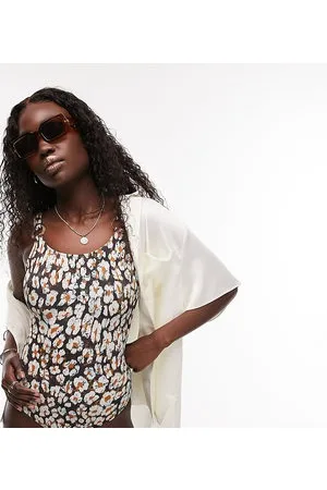 Topshop Costume da bagno animalier con finiture ad anello e scollo profondo sul retro