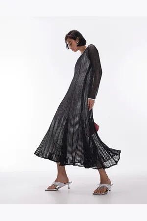 Topshop Vestito lungo in pizzo a rete monocromatico con gonna a ruota